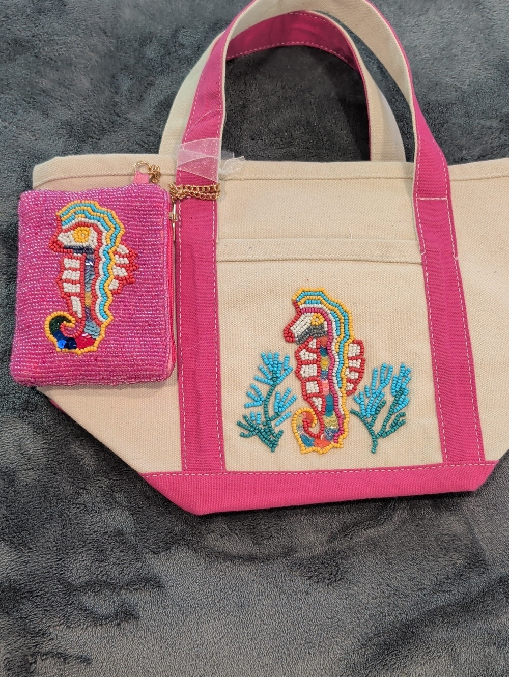 Canvas Mini Tote with Pink Trim and Beaded Seahorse Accent